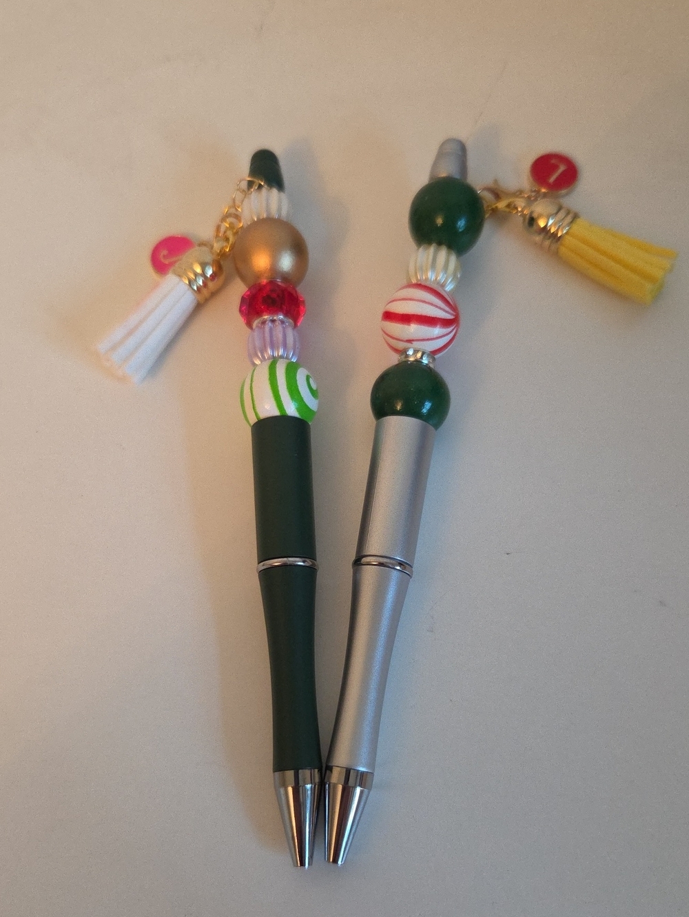 Bundle of 2 Beaded Tassel Charm Pens - Green & Silver Barrel